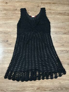 Vintage Women's Black Crochet Sleeveless Dress - Elegant Summer Layered Look